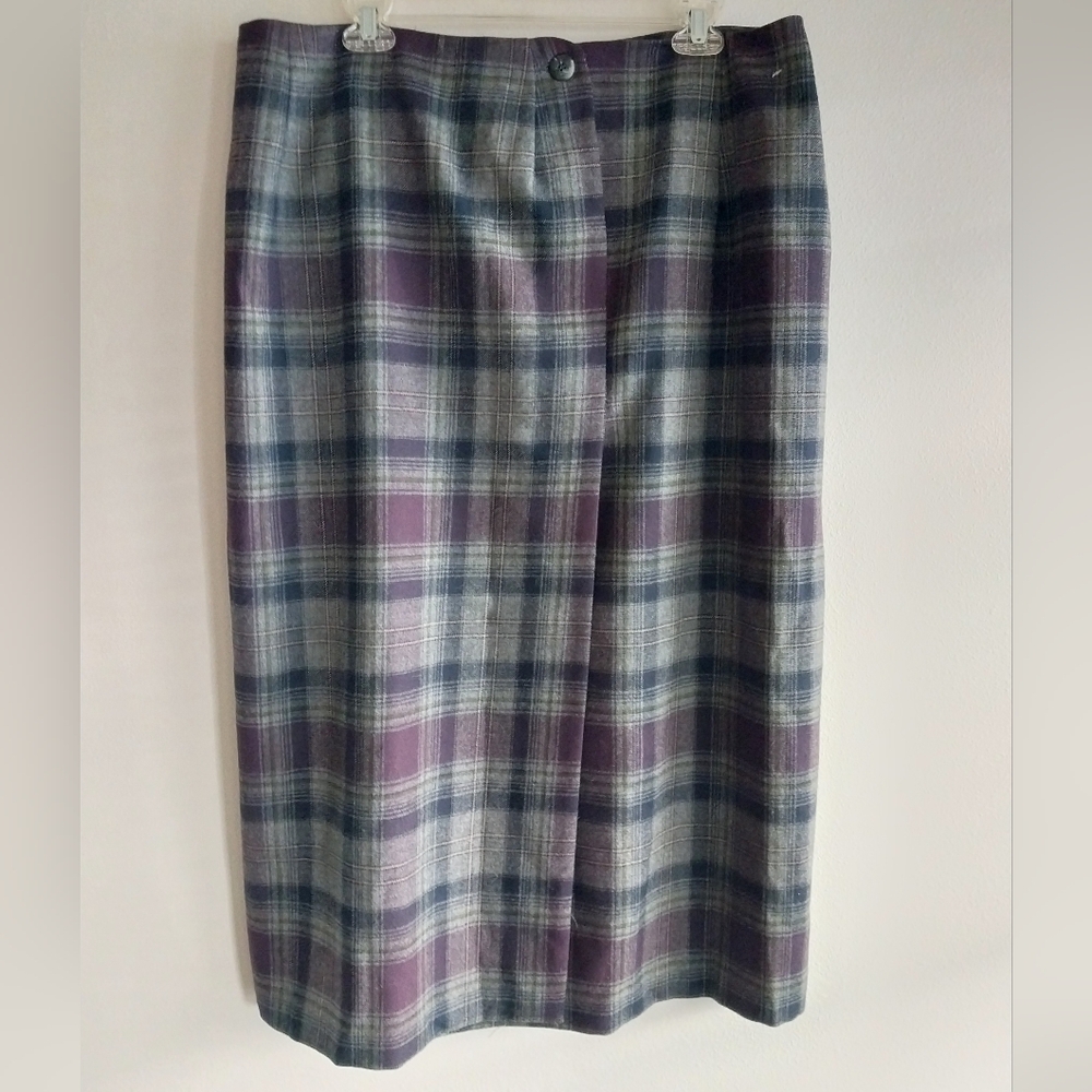 Talbots Purple & Gray Plaid 100% Wool Preppy Midi Skirt